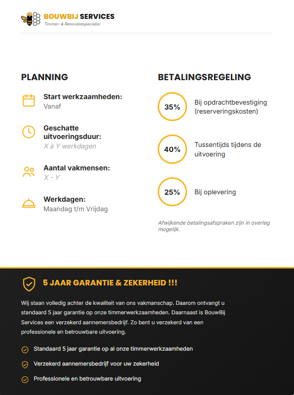 Planning, betalingsregeling en garantie